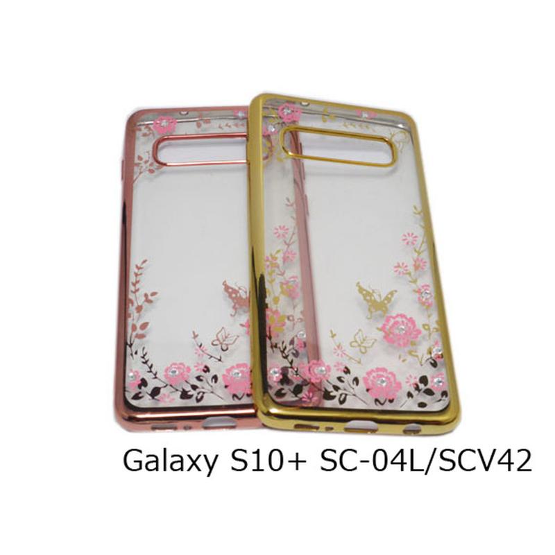 Galaxy S10+(SC-04L/SC-05L/SCV42) 光沢ソフトTPU＆キラキラ石 花柄 蝶蝶 ケース