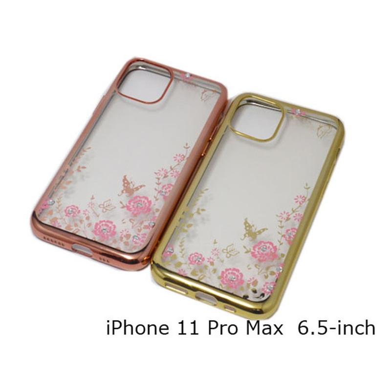 iPhone 11 Pro Max 光沢ソフトTPU＆キラキラ石 花柄 蝶蝶 ケース