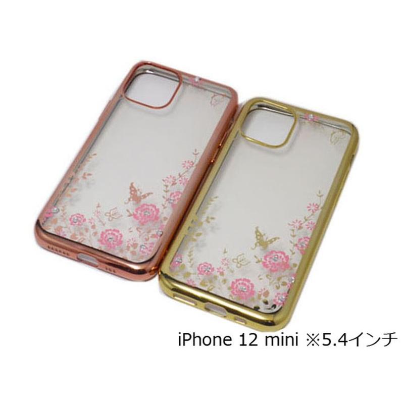 iPhone 12 mini 光沢ソフトTPU＆キラキラ石 花柄 蝶蝶 ケース