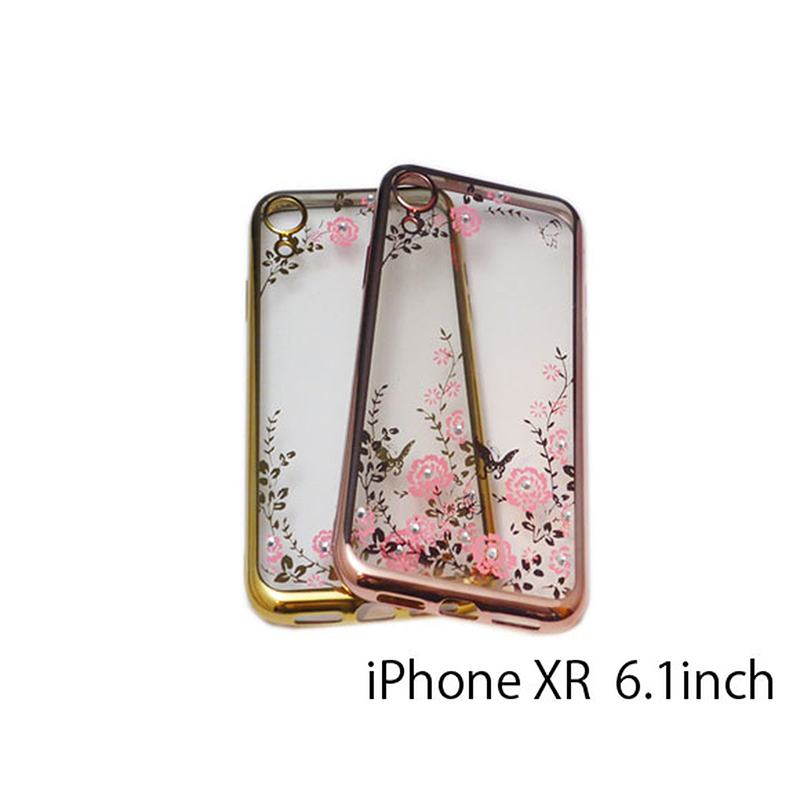 iPhone XR 光沢ソフトTPU＆キラキラ石 花柄 蝶蝶 ケース